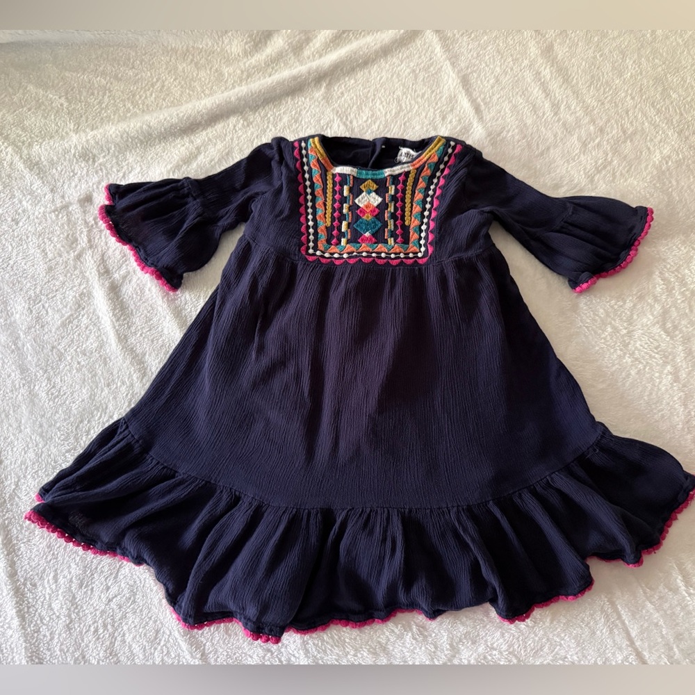 Artisan NY Embroidered Pink Trim Navy Blue Crepe Dress 3T
